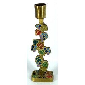 Vintage 1970s Terra Sancta Guild Brass Candle Holder Set Inlaid Enamel
